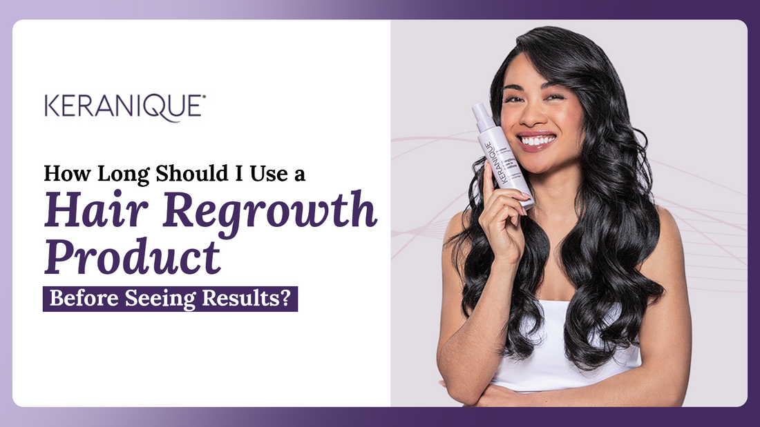 A woman with black wavy hair smiling and holding keranique product