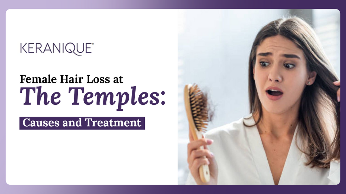 A woman holding a hairbrush with her hair strands, with a shocked expression