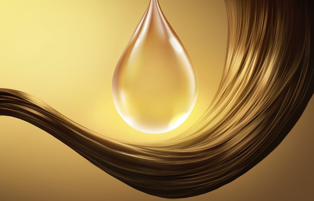 hair strands with a golden drop above them with a gold background